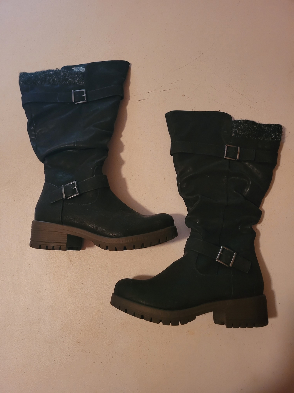 Maurices Womens Black Mid-Calf Buckle Heel Boots Veronica Lug Sole 6M Zip Up